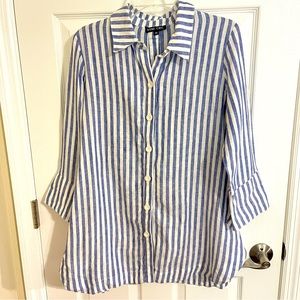 Boho Chic Blue and White Button Down 100% Linen Top size M